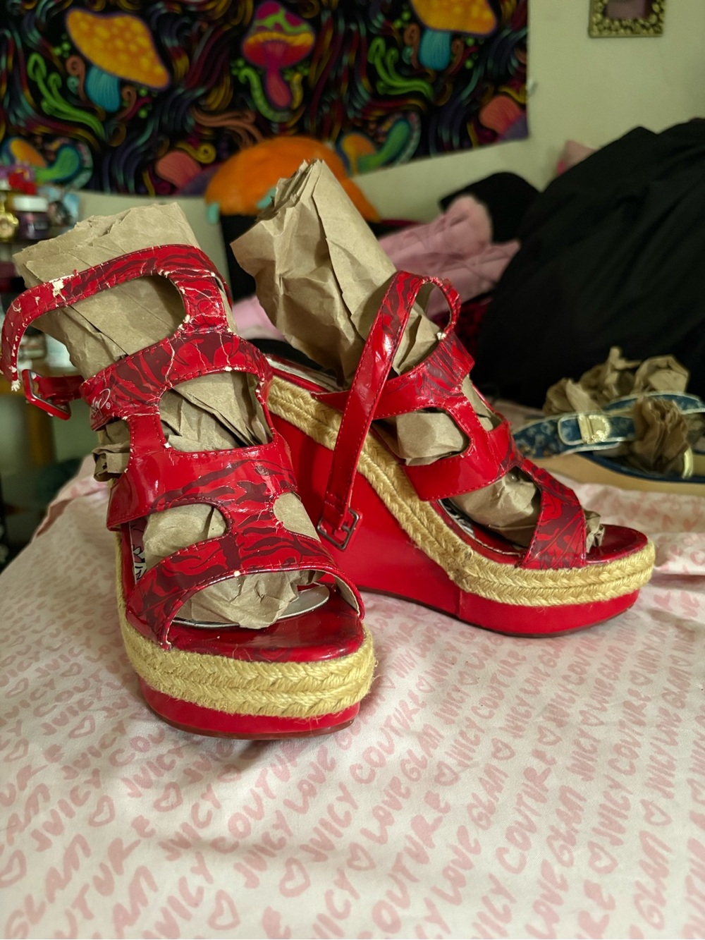 Ed Hardy Red Patent Espadrille Wedge Sandals